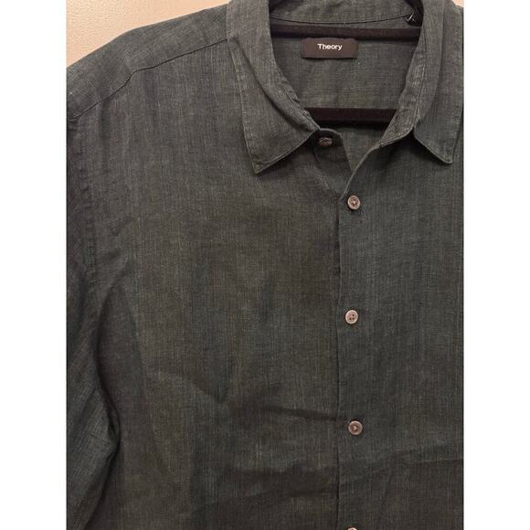 Theory Men's XXL Forest Green Short Sleeve Button Down Linen - Picture 3 of 6
